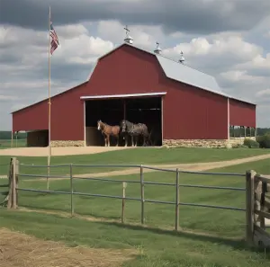 Amish Pole Barn Construction in Beckett, NJ - Rossbrook ConstructionFront view of red pole barn with horses walking through