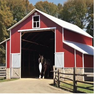 Amish Pole Barn Construction in Oak Valley, NJ - Rossbrook Construction Bright red pole barn with horse exiting