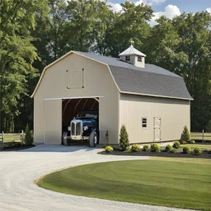 Amish Pole Barn Construction in Westville, NJ - Rossbrook ConstructionGray pole barn garage with car exiting