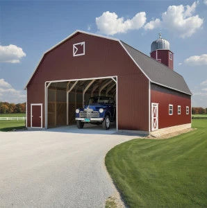 Amish Pole Barn Construction in Westville, NJ - Rossbrook Construction Red pole barn garage with blue car leaving