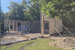 Barndominium Pole Builing being built showing framing step during post beam construction, exterior in Lancaster County, PA